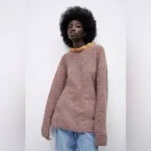 ZAra Mauve-Pink Fuzzy Crewneck Sweater with Contrast Trim